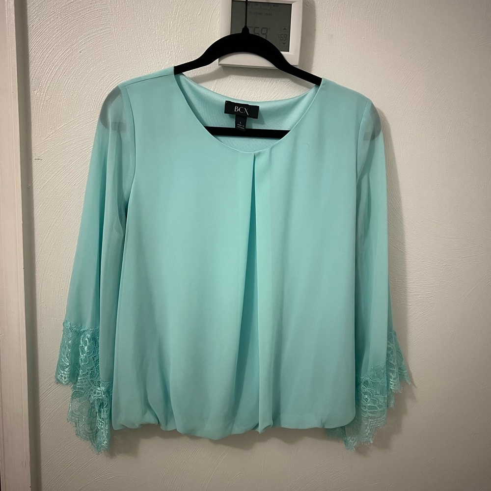 BCX Women's Aqua Top with Lace Sleeves